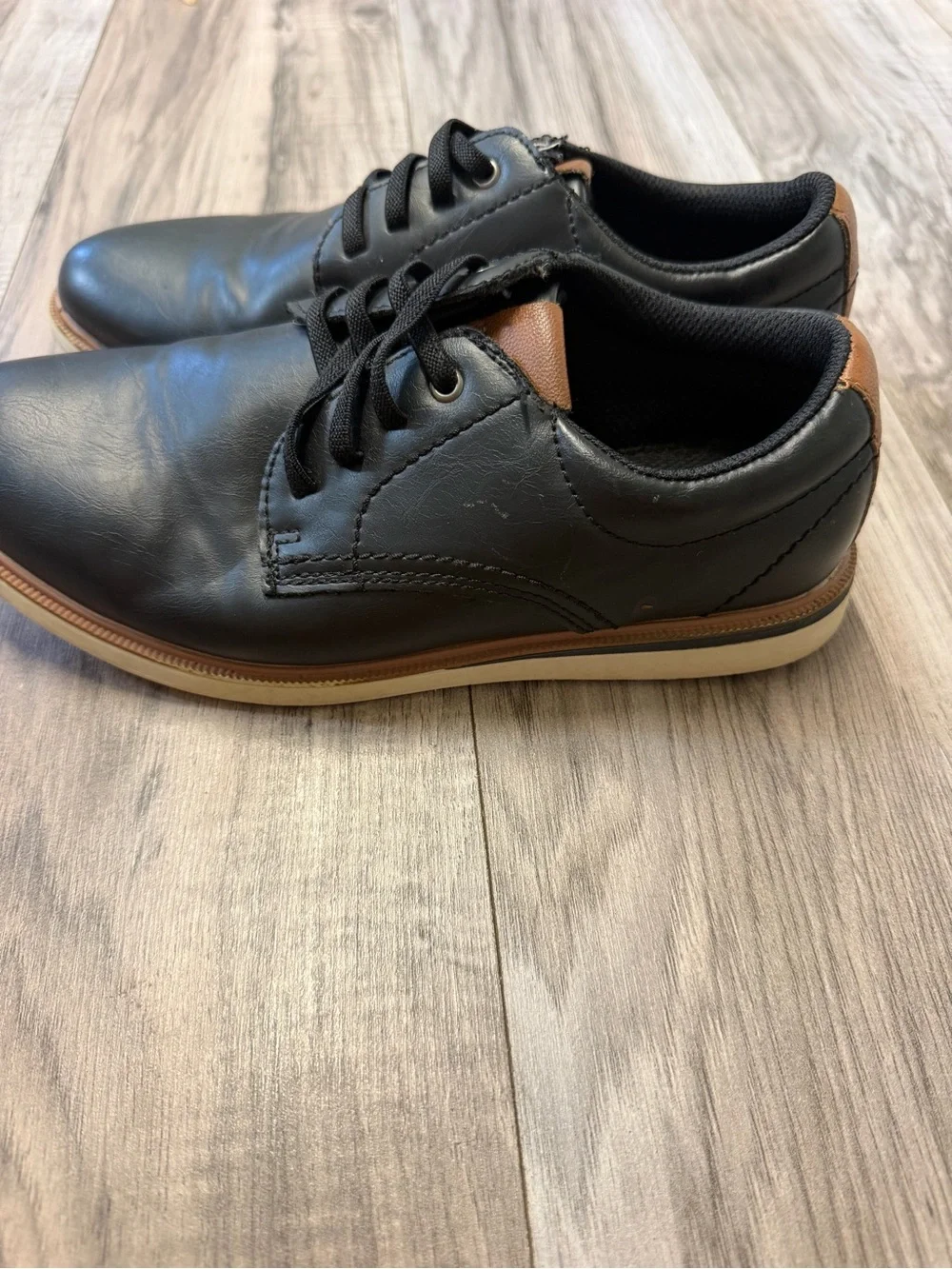 DSW Kids Black Lace-Up Dress Shoes with Tan Trim